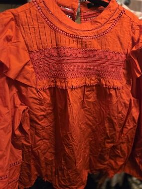 J. Crew Red Embroidered Pintuck High-Neck Blouse